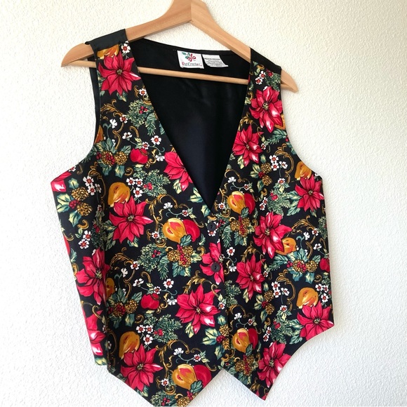 Vintage Boho Vest Novelty Christmas Holiday Floral Medium Black Red Cottagecore - Picture 9 of 16